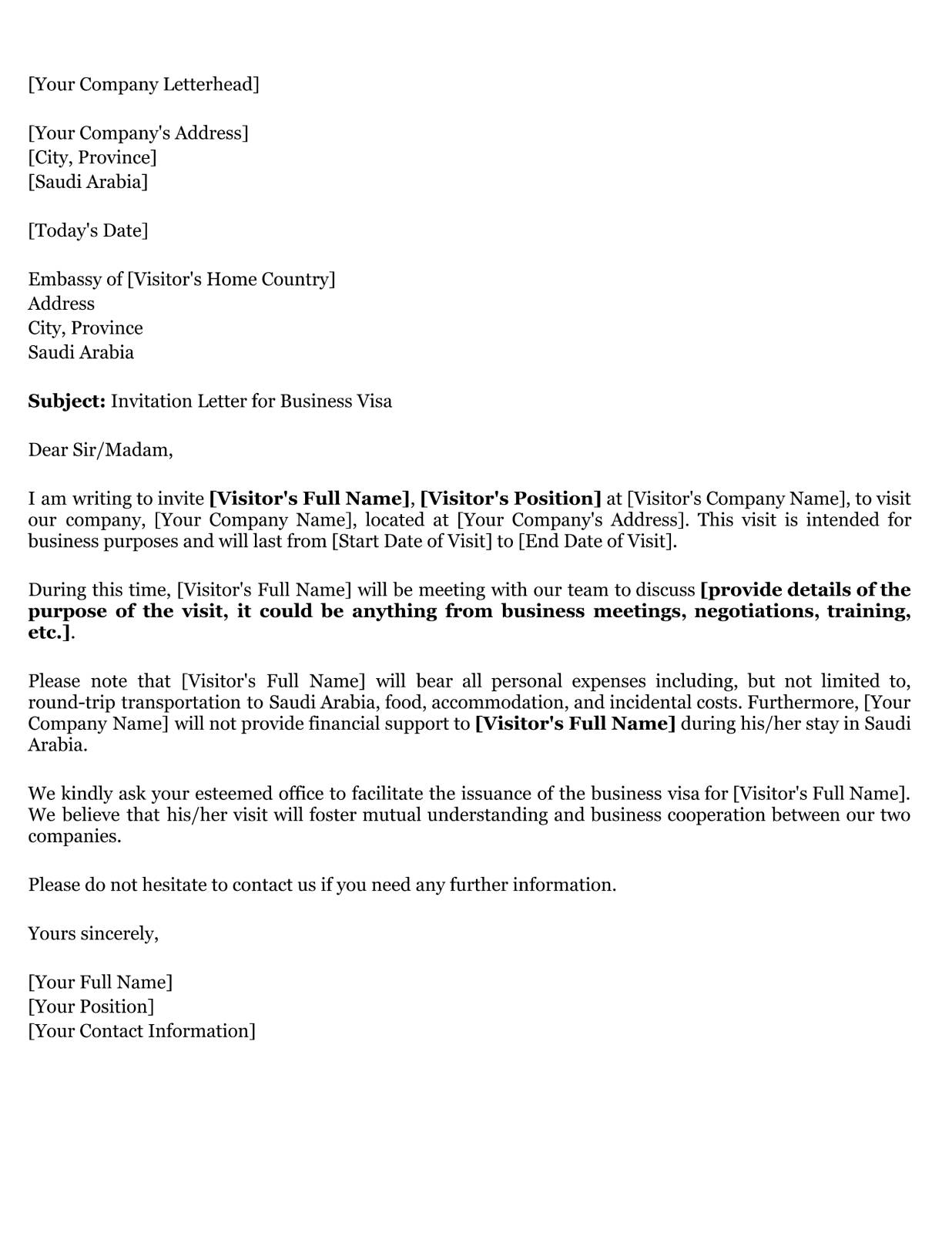 Saudi Arabia Invitation Letter for Business Visa
